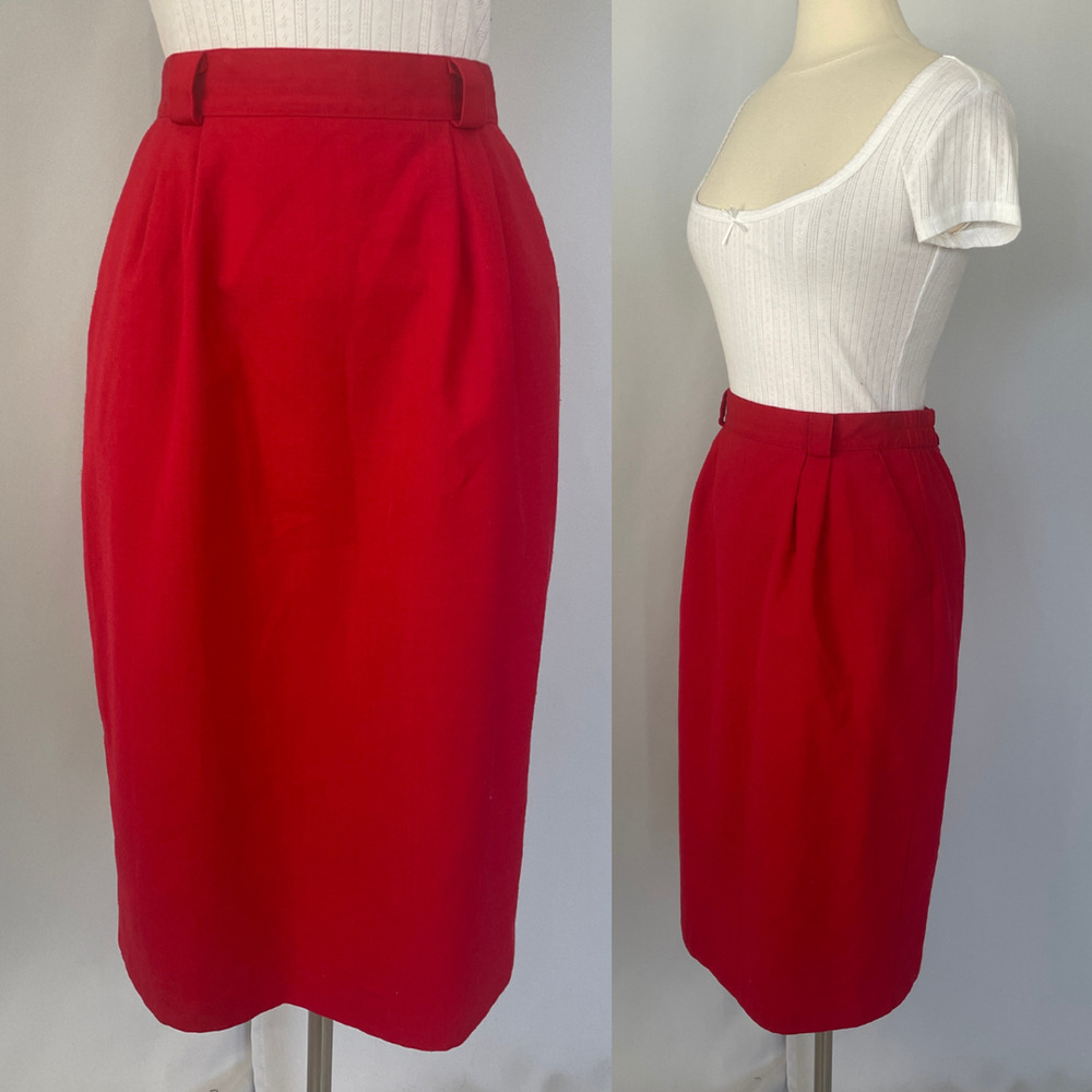 Vintage Pencil Skirt Size 12 Red Solid High Rise Midi Minimal Retro Career 90s